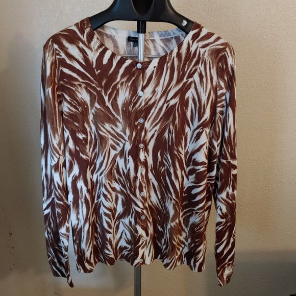 Talbots Womens Cardigan LS Sweater Button Brown White Abstract Print Size XL NWT - Picture 1 of 8
